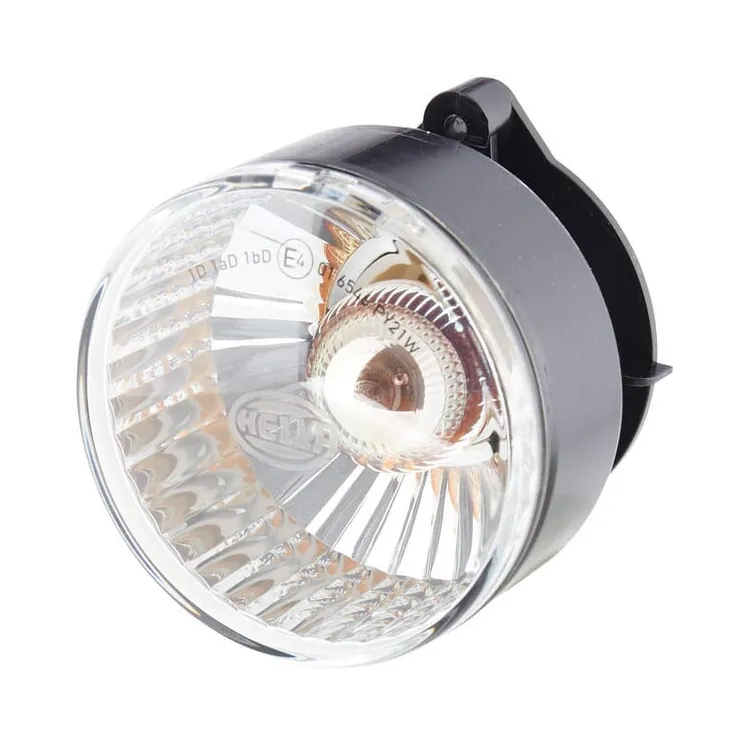Indicator light 21W, round, 12V, transparent/yellow, housing: silver, bolt on,  66mm AMP plug,   2BA009001201 Hella